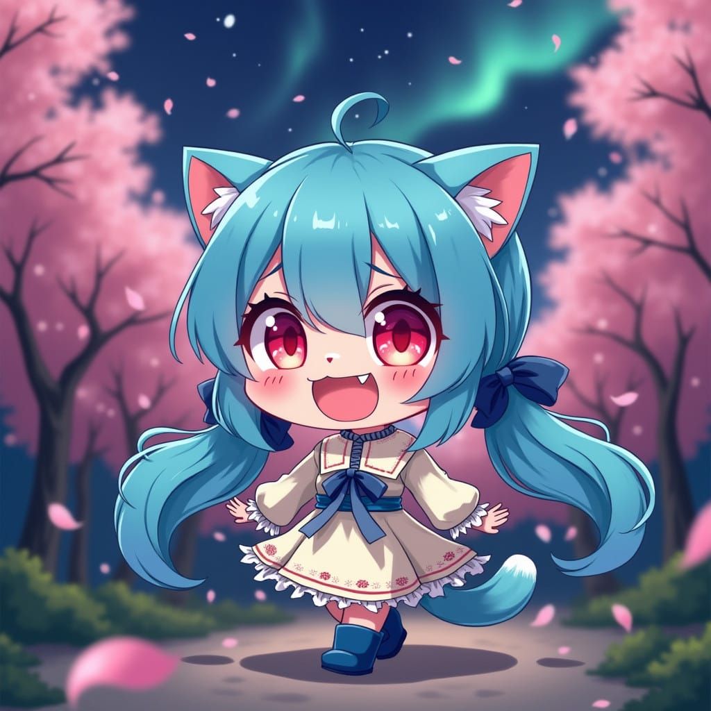 Cosmic Chibi Catgirl Strolls Under Cherry Blossoms