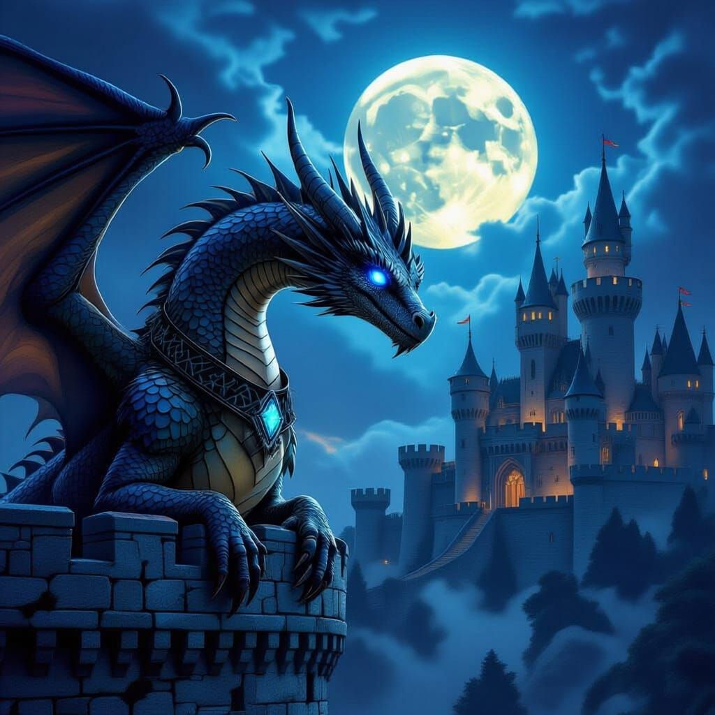 Female Dragon Hypnotized Over Medieval Castle