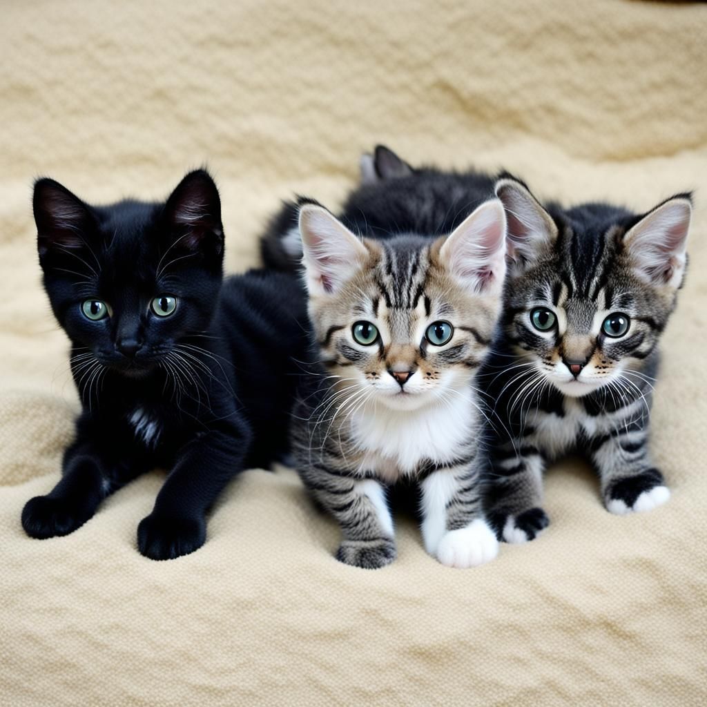 Playful Trio: Black, Tabby, and Black Kittens