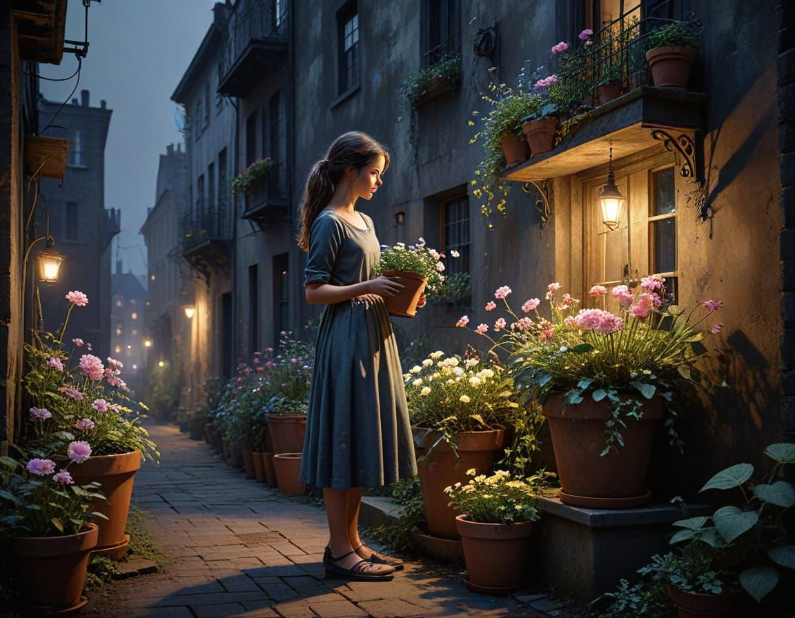 Girl Finds Joy in Blooming Flower Pots Amidst City's Dark Ba...