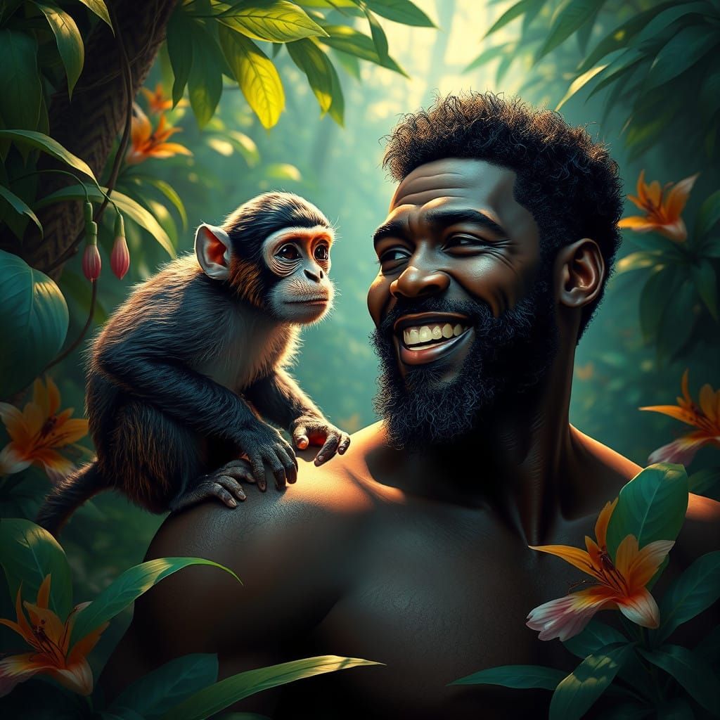Gentle Giant and Whimsical Monkey in Enchanted Jungle