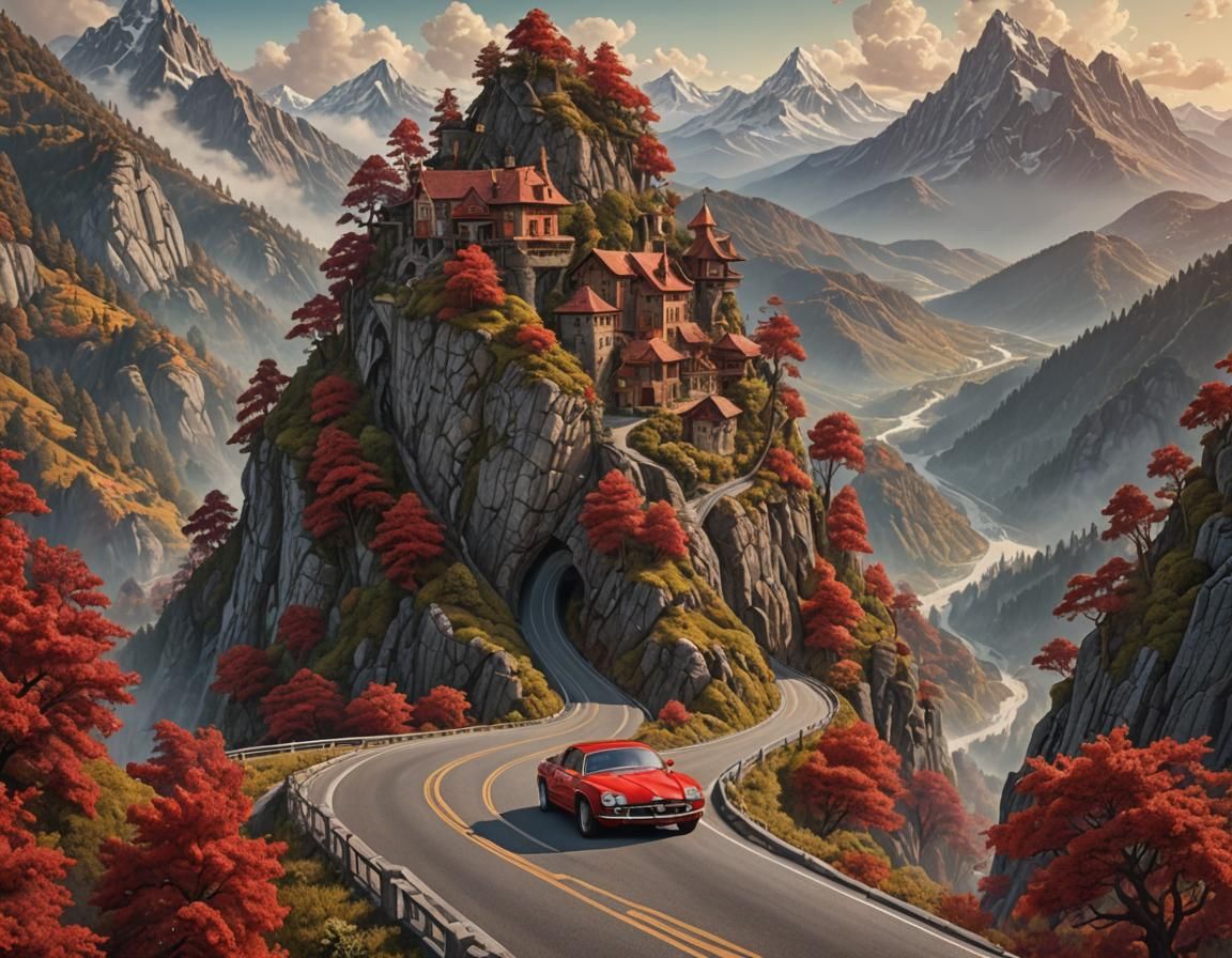 Fast red car driving through a magic mountain landscape