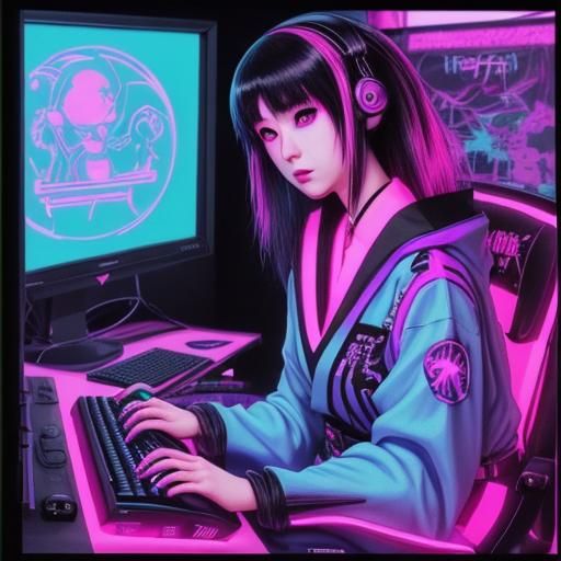 Japanese Gothic Gamer in Synthwave Neon Style