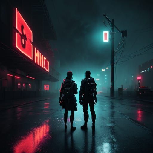 Cyberpunk Dystopian Cityscape in Neon-Lit Darkness