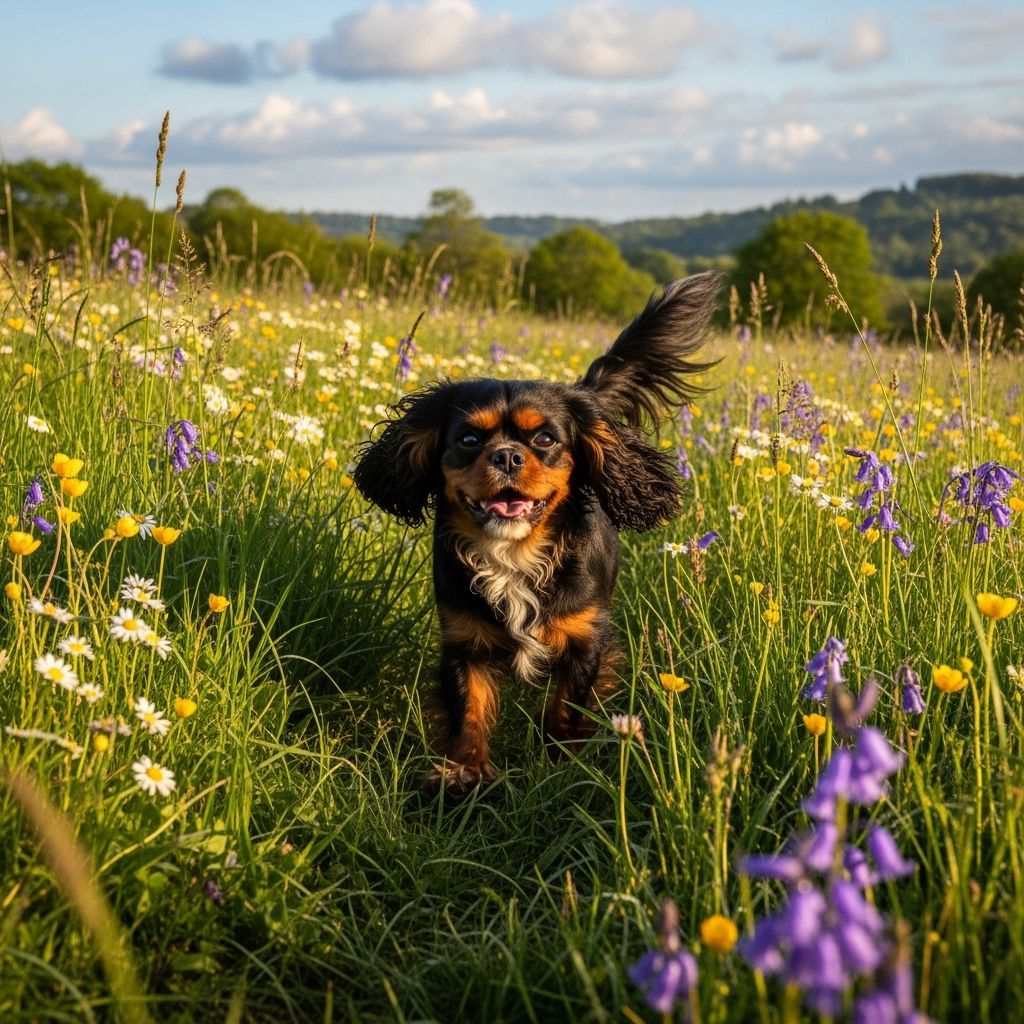 Happy Cavalier Spaniel Running in a Meadow