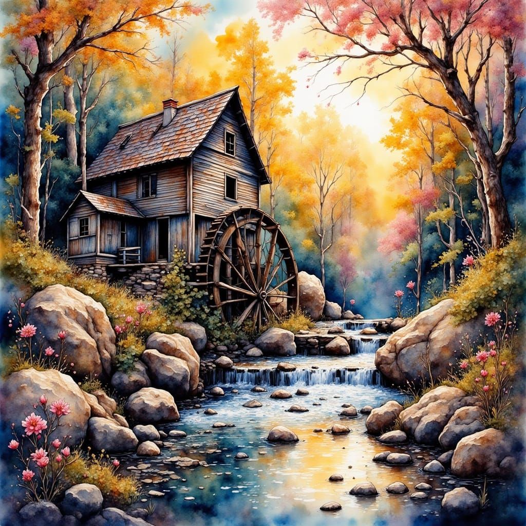 Old Grist Mill by Rocky Mountain Creek in Golden Sunlight