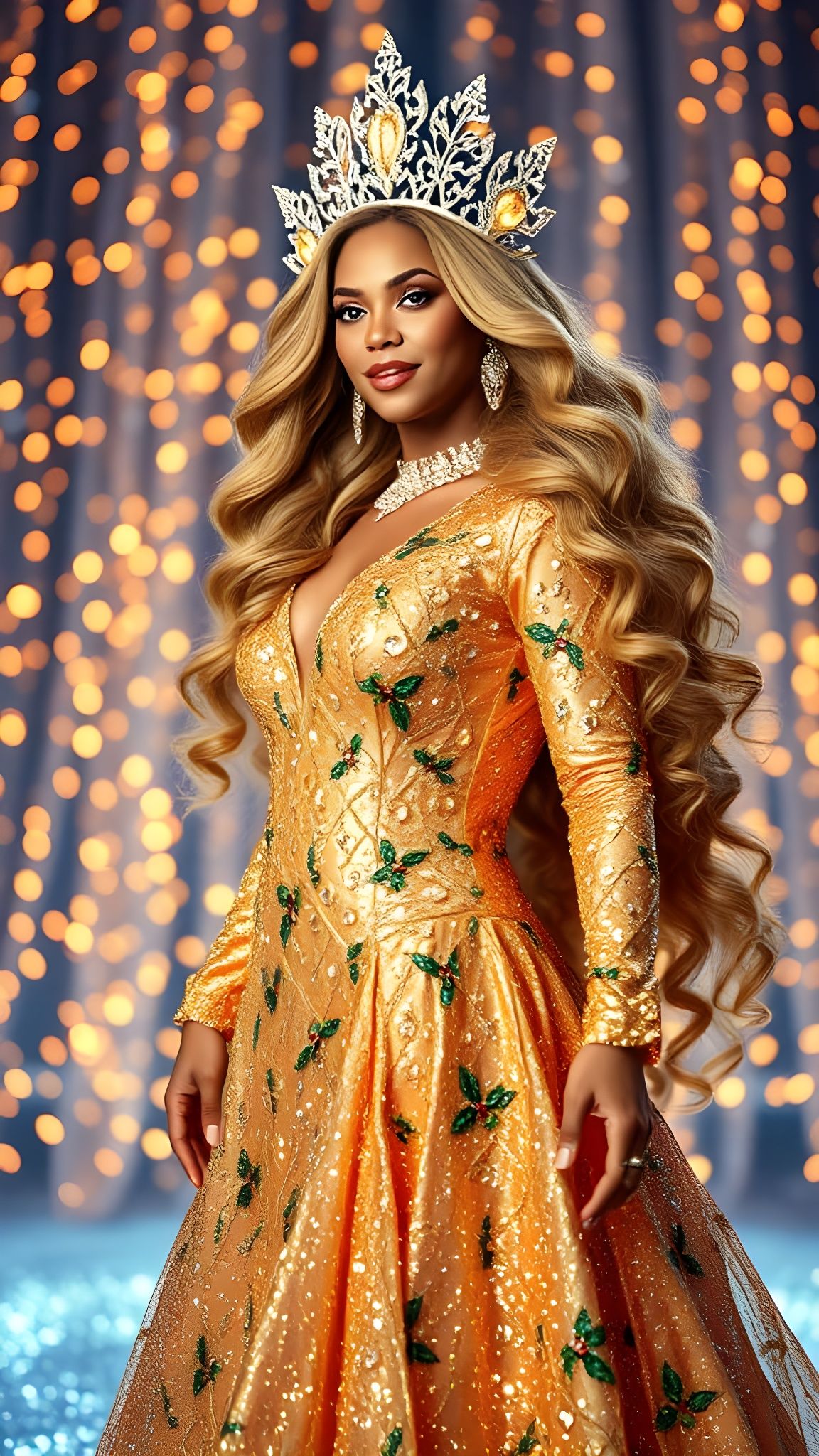 Beyoncé Radiant Christmas Goddess in Glittering Gold Gown