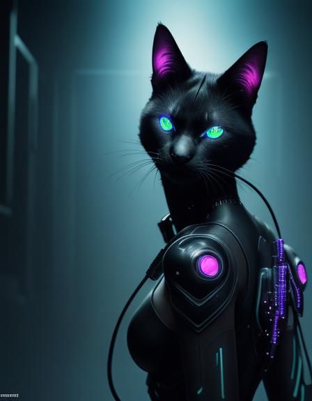 Cyberpunk Cyborg Cat Portrait in Neon Light