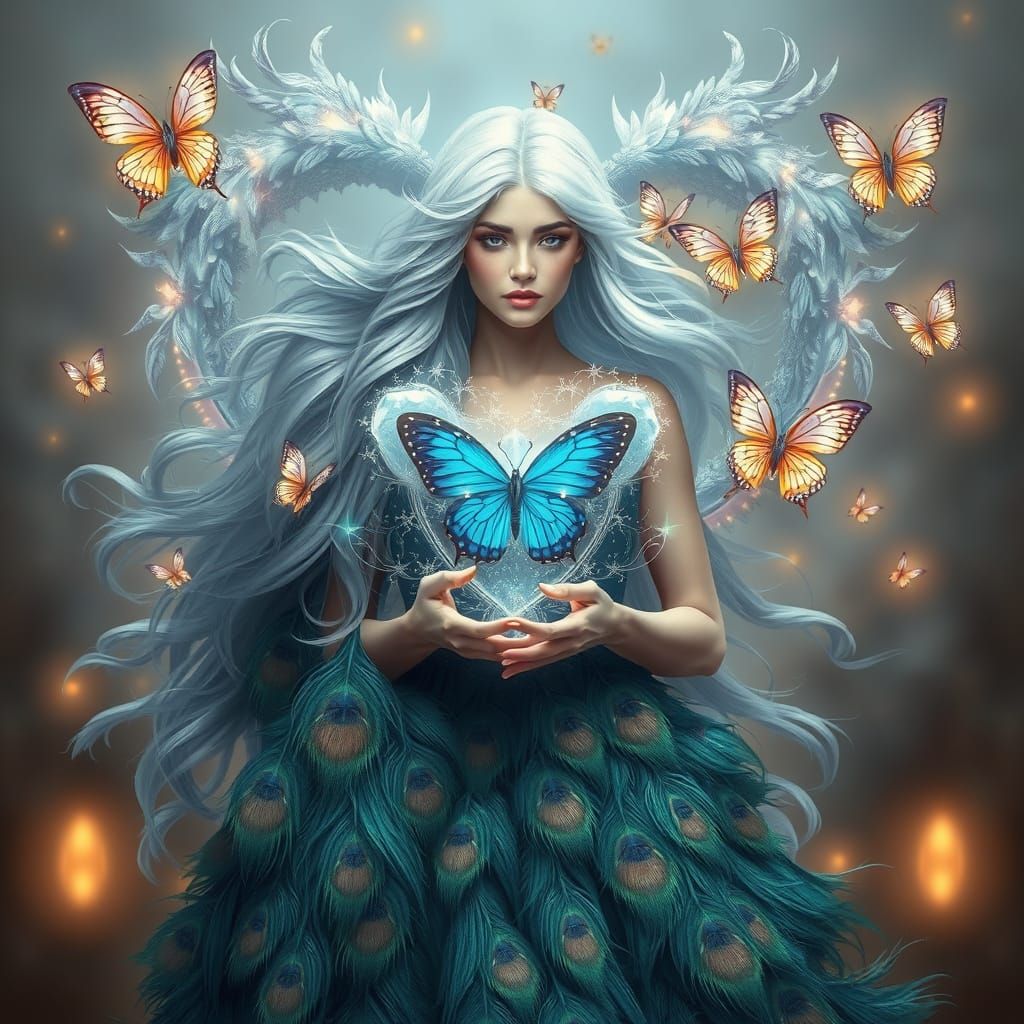 Ethereal Fantasy Goddess in Peacock Feather Gown with Crysta...