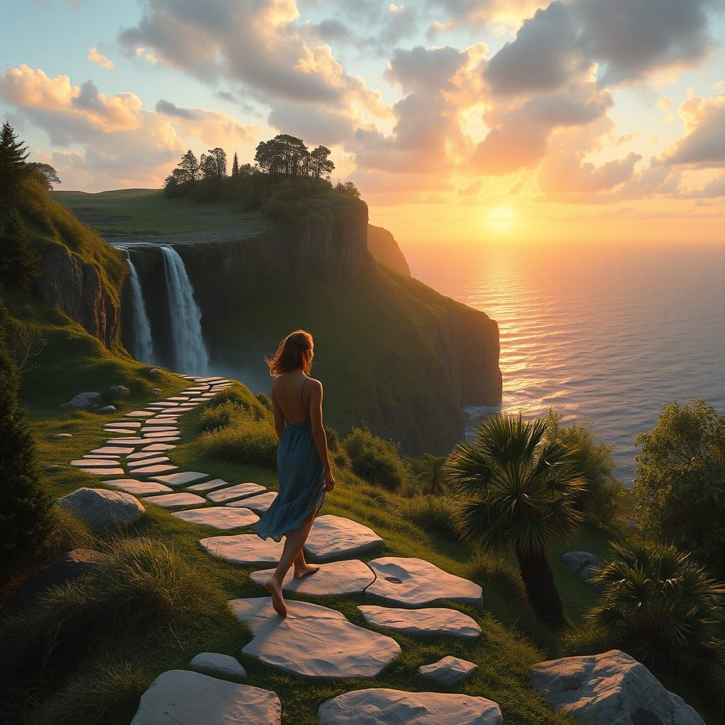 Woman Walking to Waterfall in Romantic Landscape