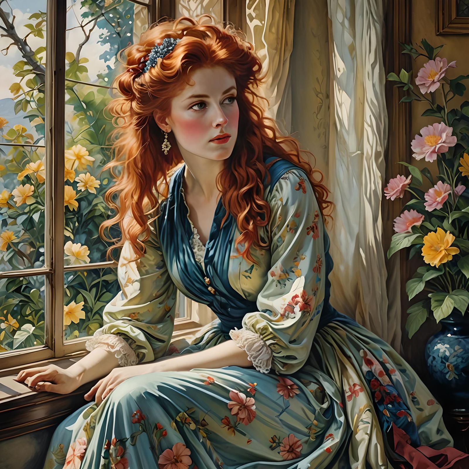 Redhead in Floral Dress: Retro Hyperrealistic Portrait