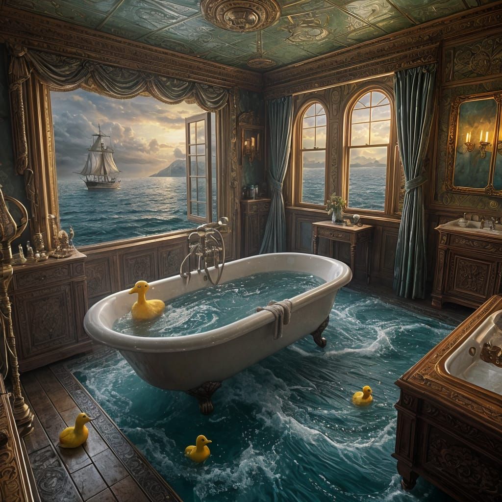 Epic Boat in Bathtub, Detailed Digital Painting