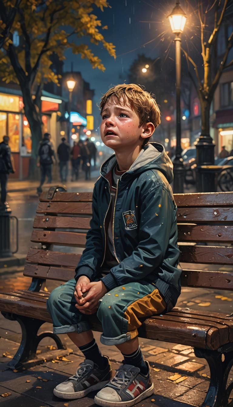 Crying Boy on Bench at Night: Splash Art