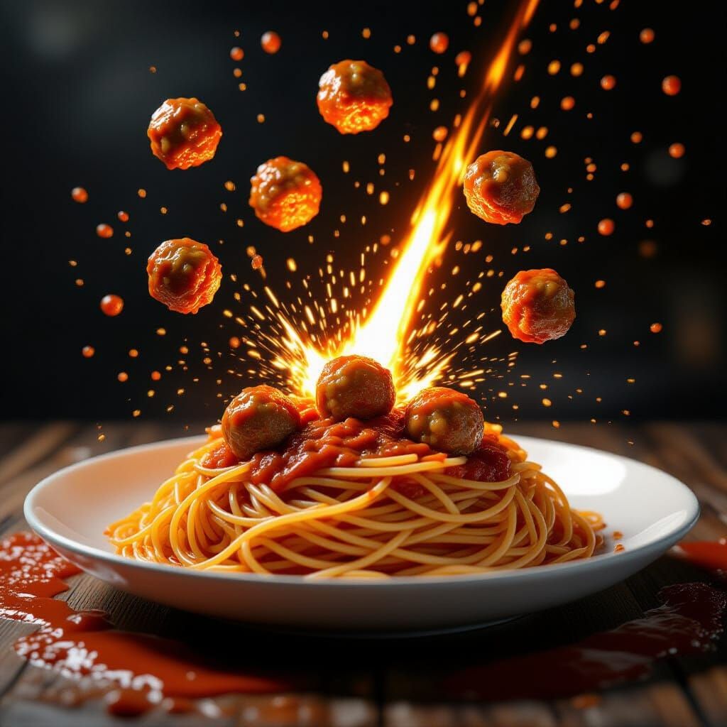 Spaghetti with Meteor Meatballs and Tomato Splatter