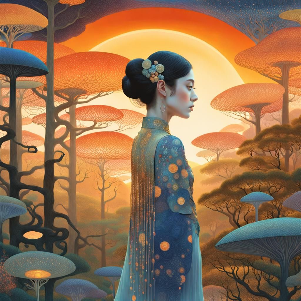Sunset-Hybrid Woman in Magical Forest, Klimt Style
