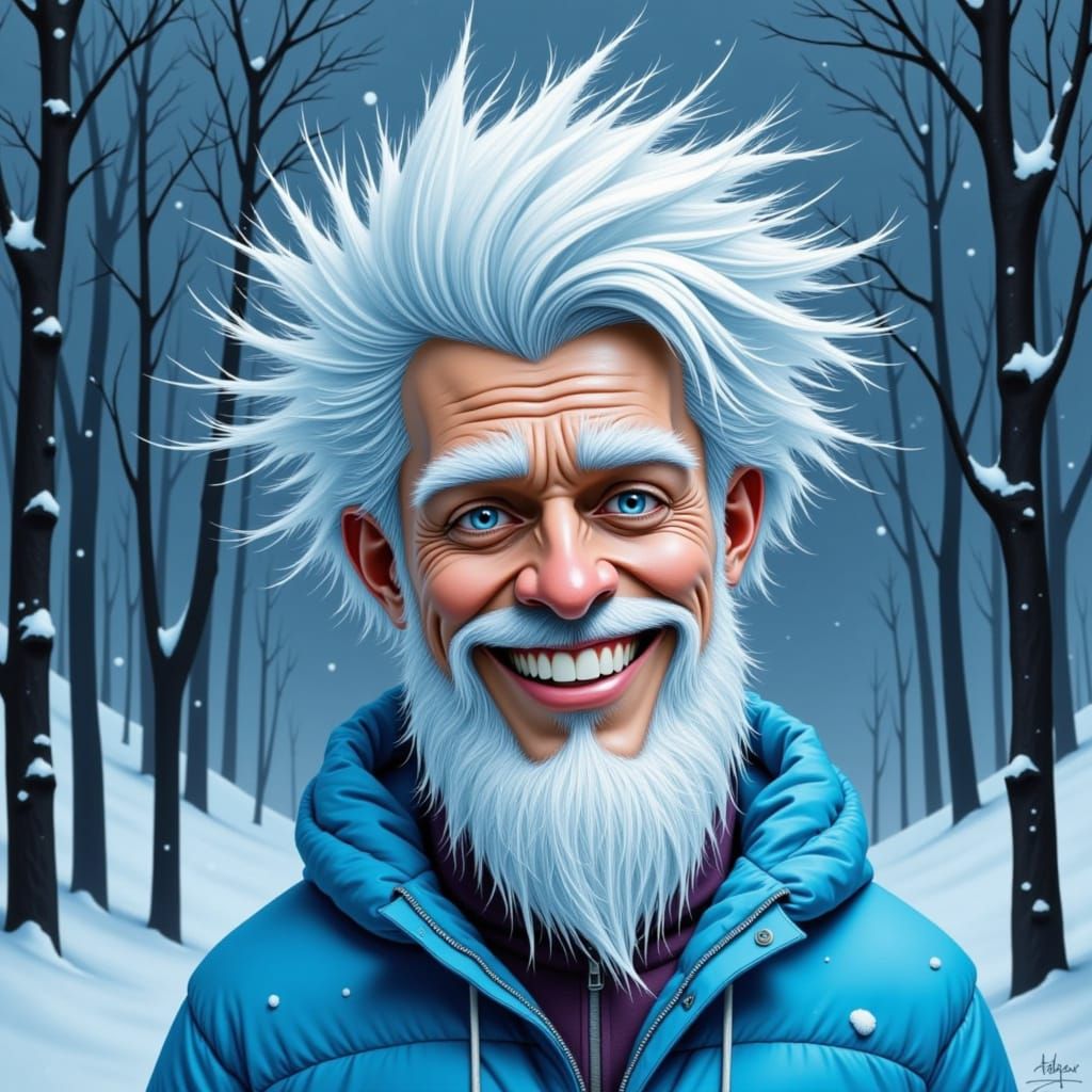 Joyful Man with Frosty Hair and Icicles in Winter Storm