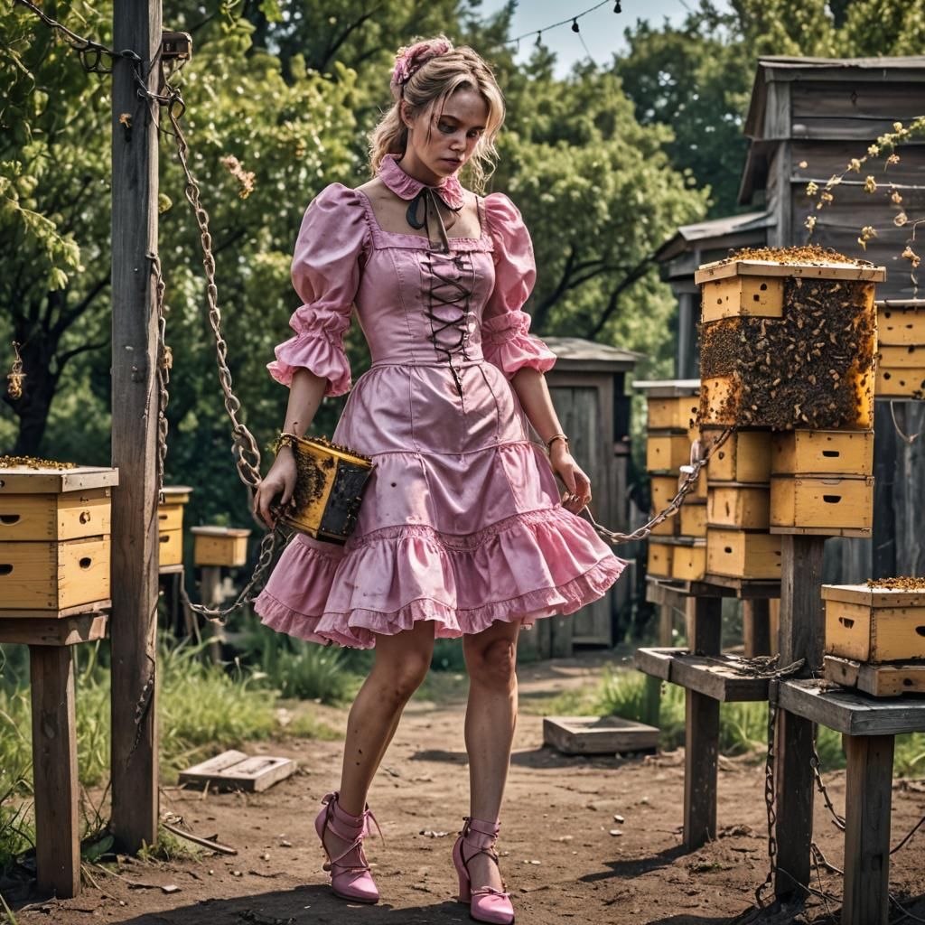 Hyperrealistic Man in Pink Dress Surrounded by Beehives