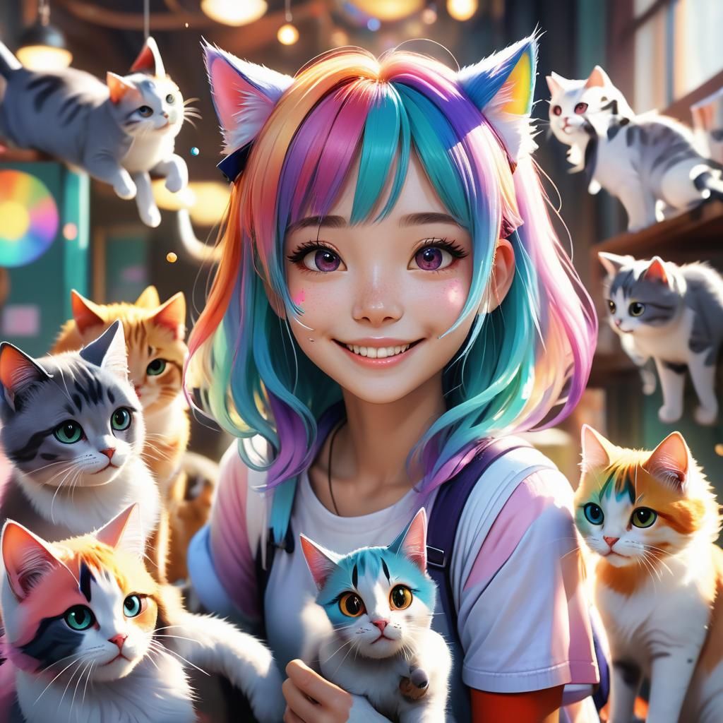 Vibrant Whimsy Girl in Rainbow Hair, Surrounded by Playful C...