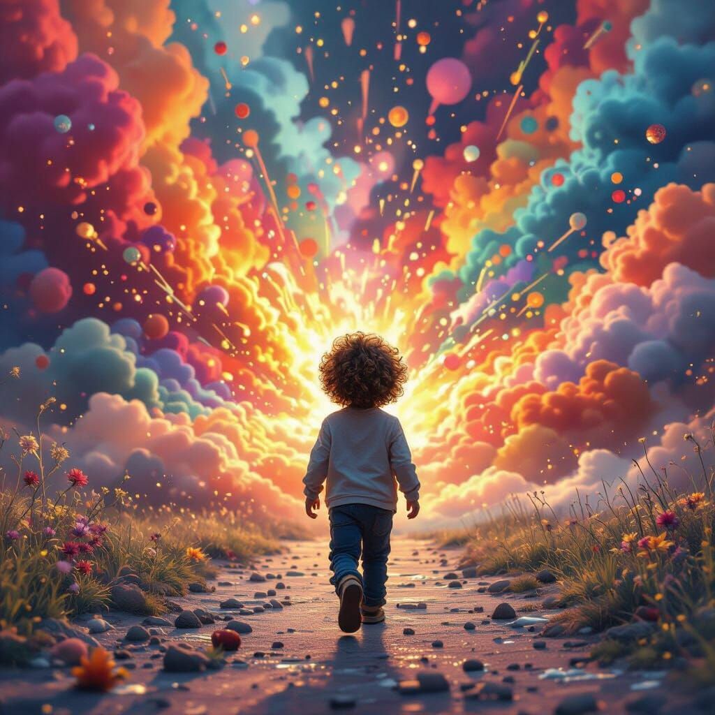 Child Walks From Multicolored Explosion in Matte Painting St...