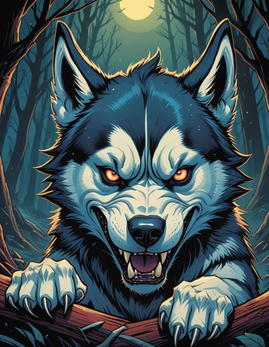 Evil Husky Snarling in Comic Book Art Style