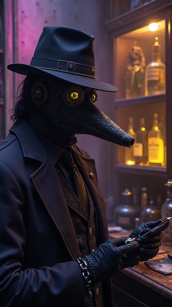 Steampunk Plague Doctor Guarding Speakeasy Entrance