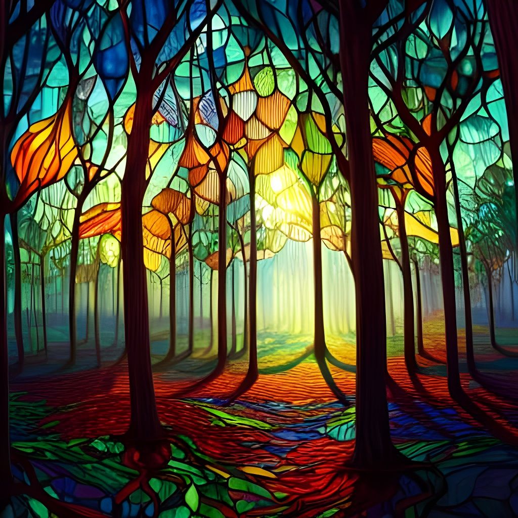 Stained Glass Forest Landscape in Digital Art Style