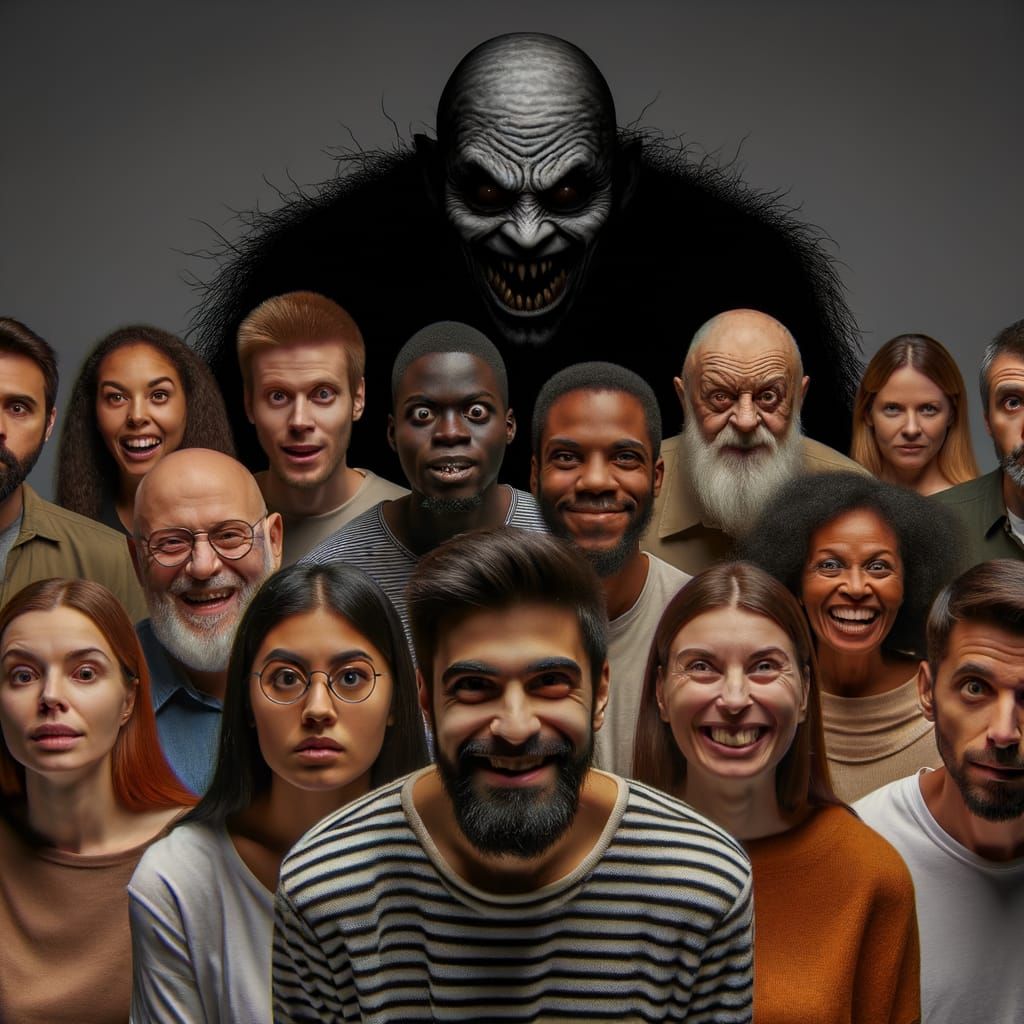 Diverse Figures Confront a Sinister Shadow