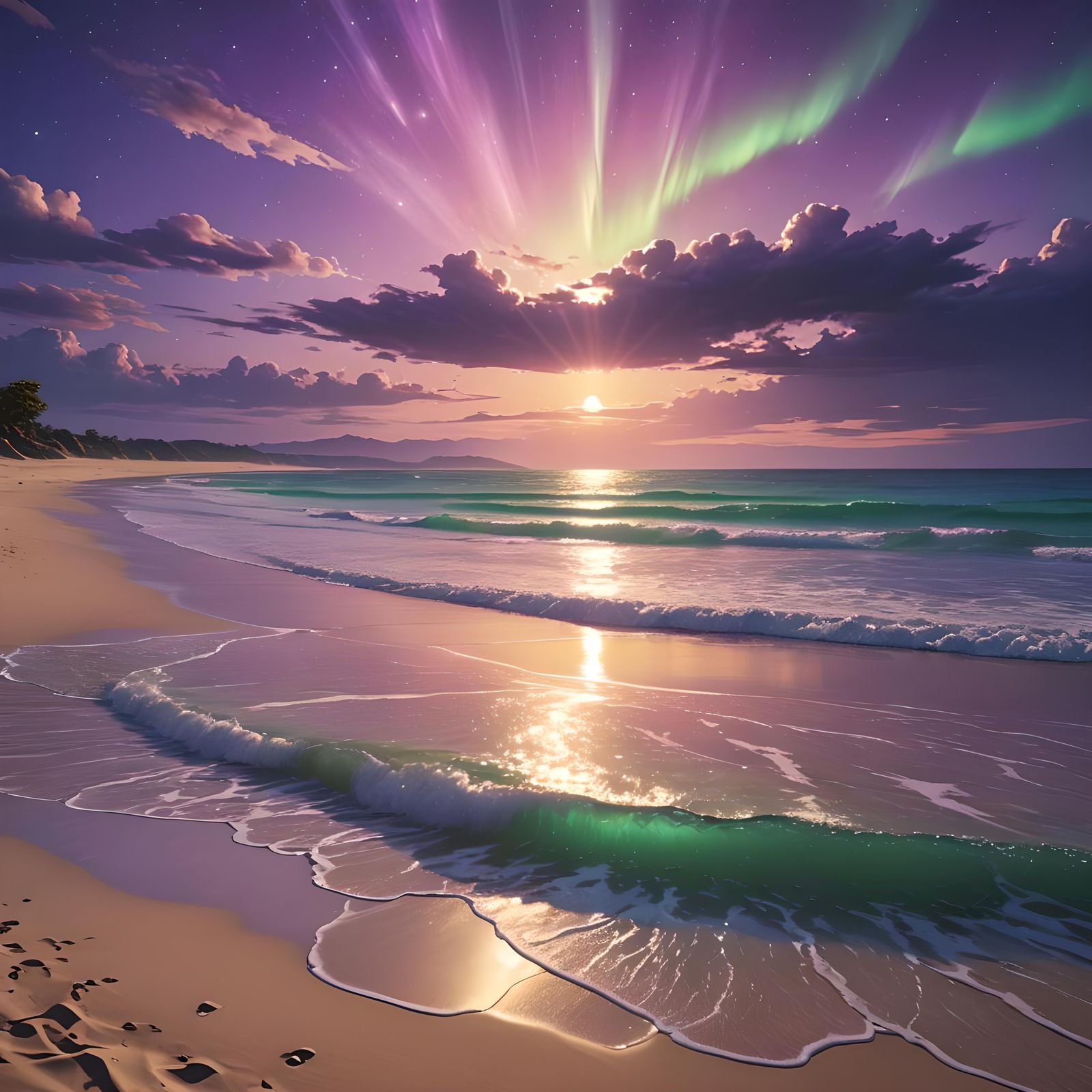 Aurora Sunset Over Sandy Beach: Anime Art