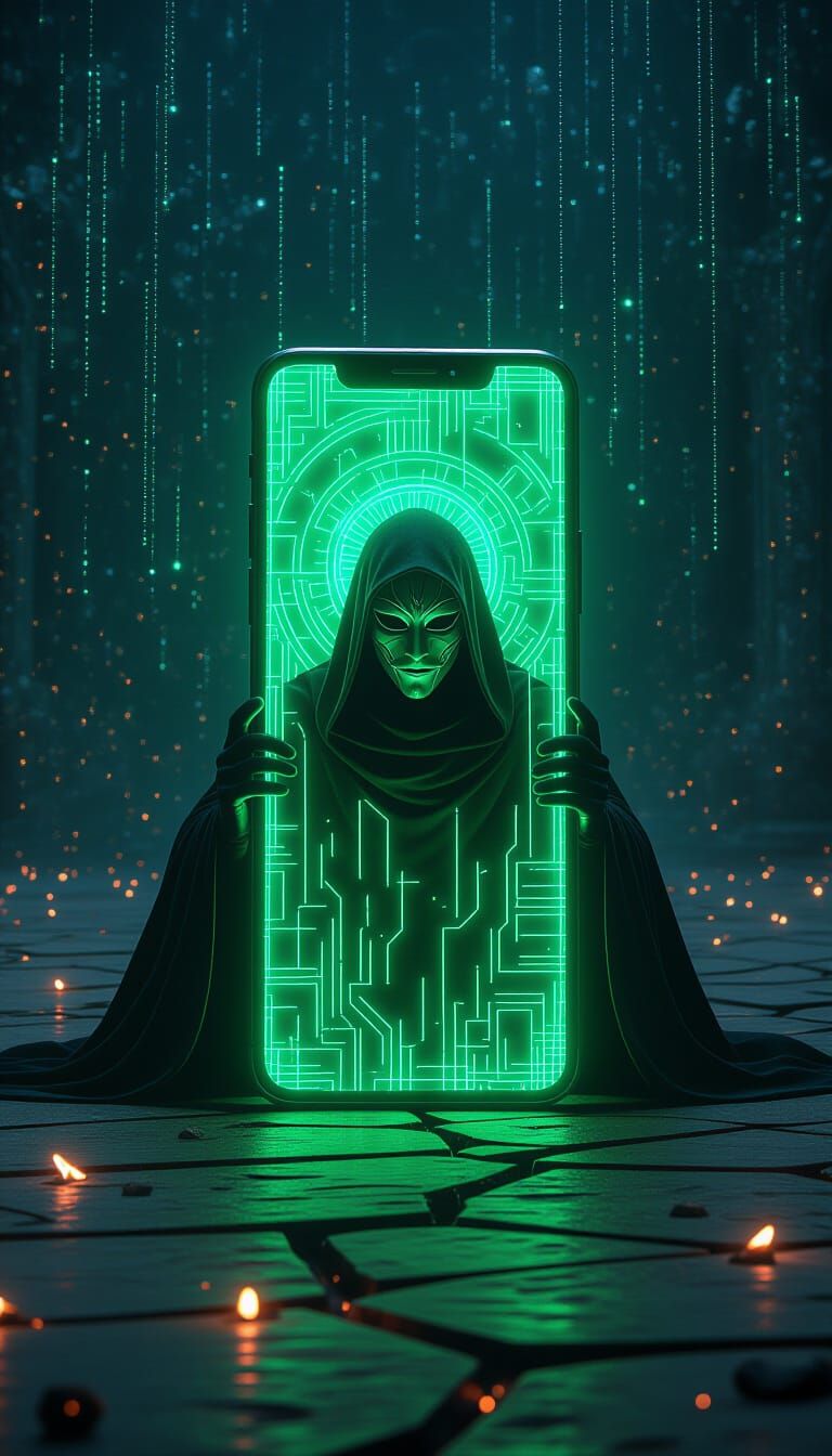 Mystical Figure Emerges from Neon Smartphone Screen