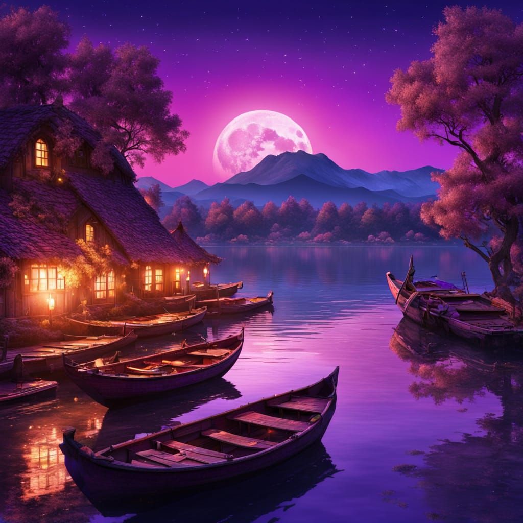 Moonlit Lake Scene with Boats and Ancient Tavern