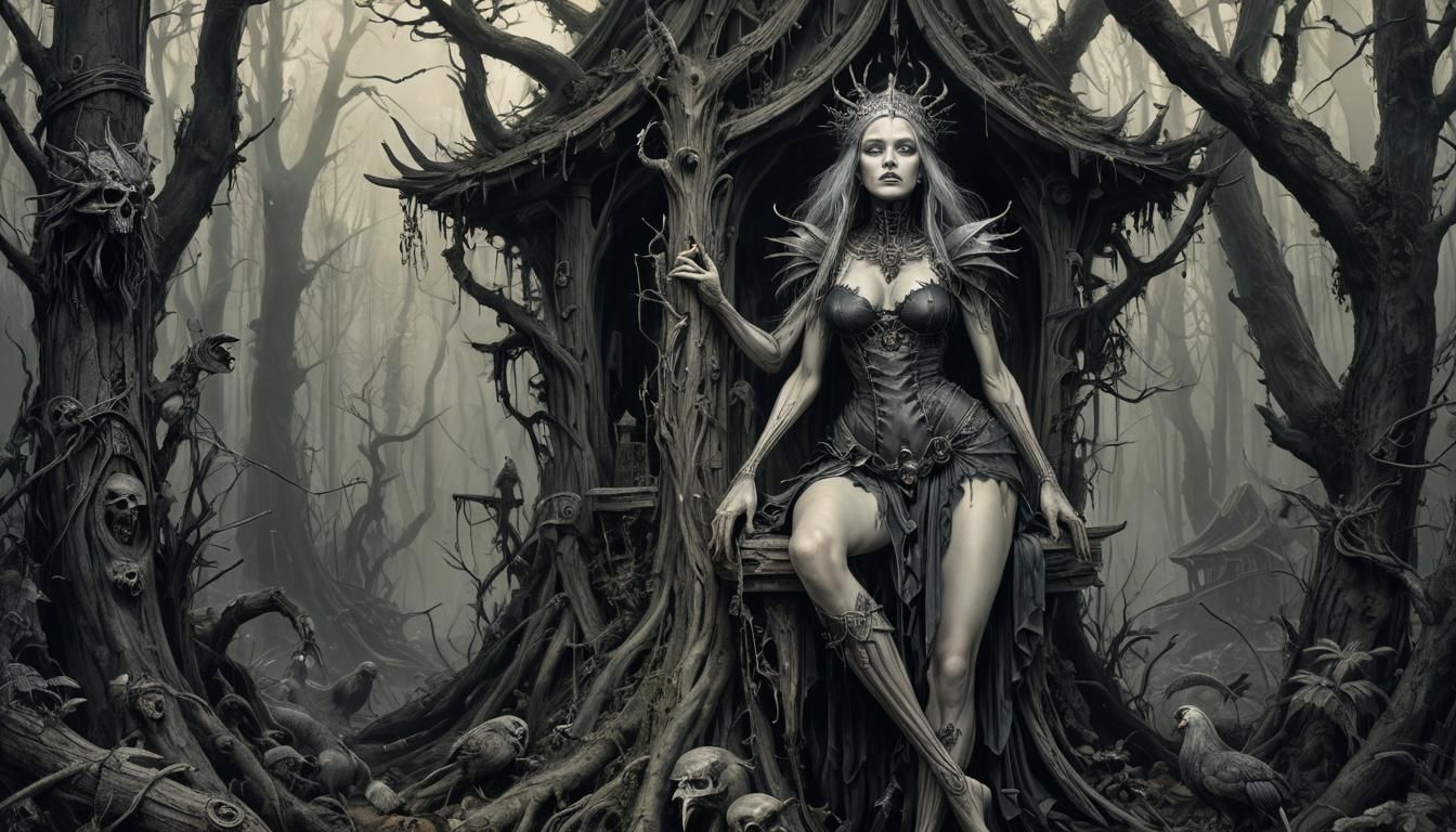 Baba Yaga Art Nouveau Drawing in Mystical Forest