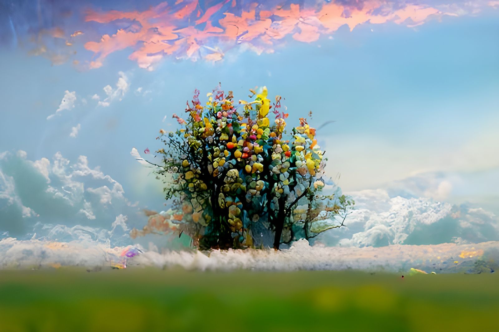 Surreal Apricot Tree with Popcorn, Psychedelic Style