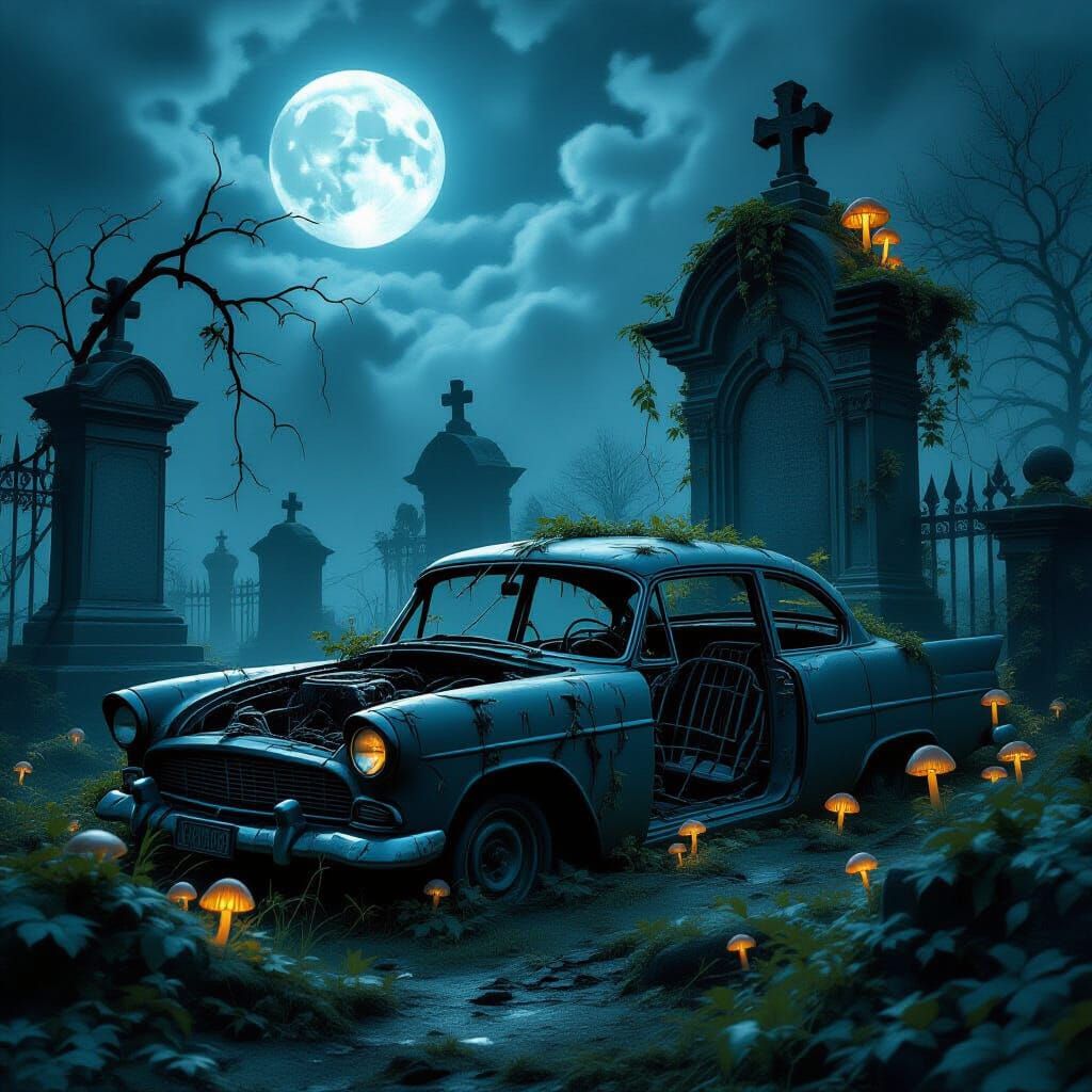 Gothic Car Frame in Misty Graveyard with Glowing Mushrooms