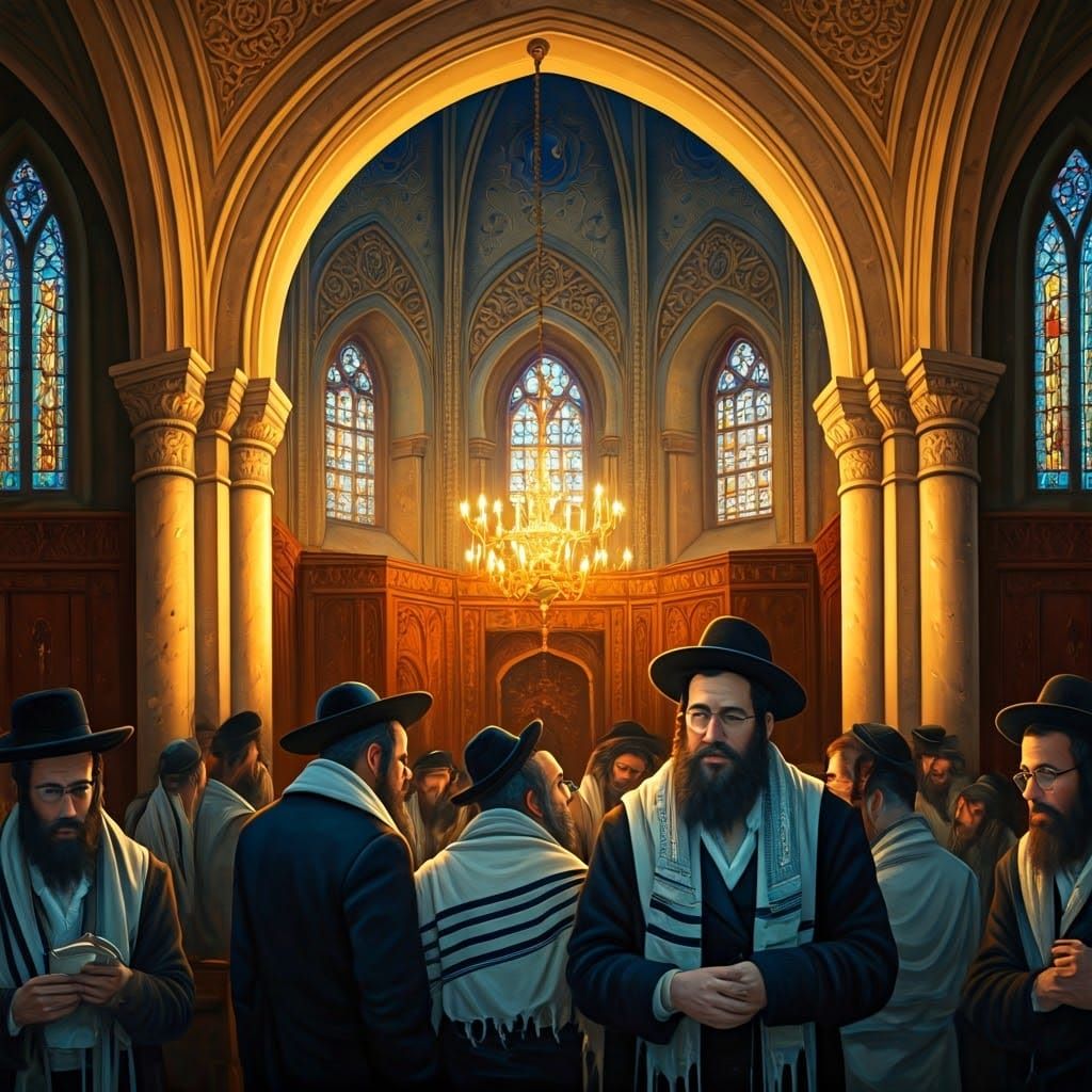 Jewish Men Praying in Synagogue, Chagall Style