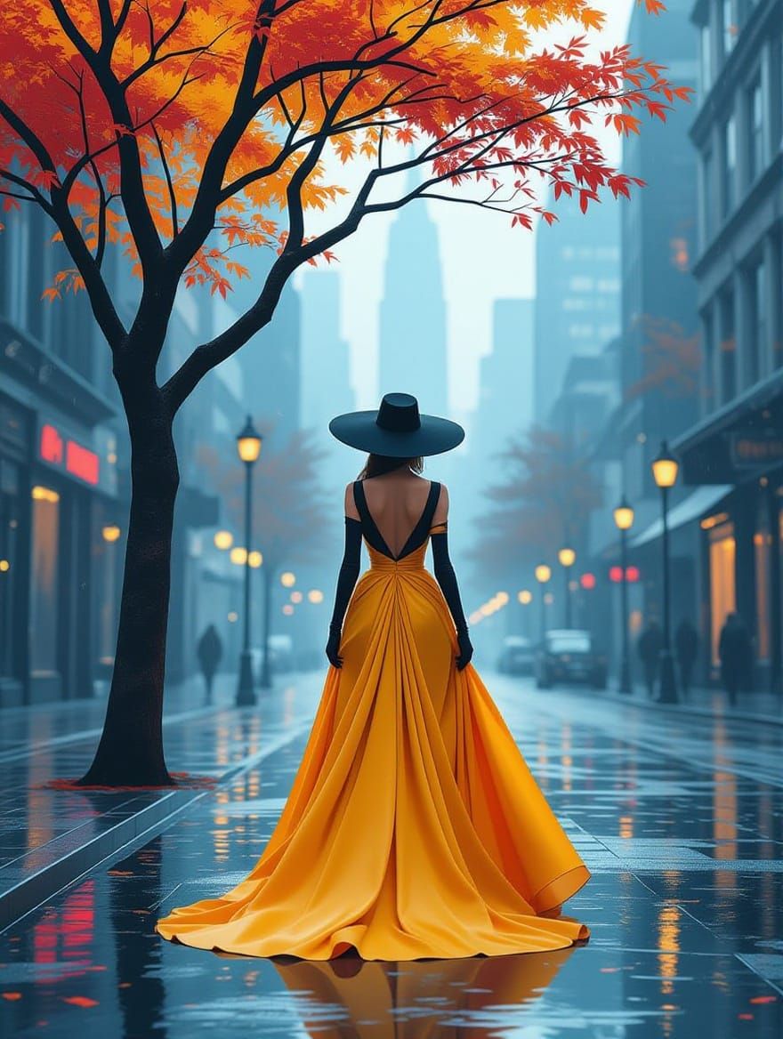 Surreal Impressionist Woman Walking Away from Cityscape
