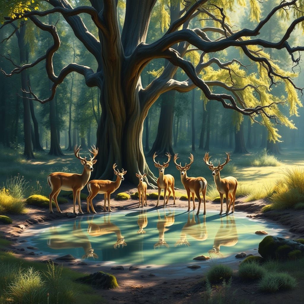 Deer Family in Forest Glade: Painterly Style