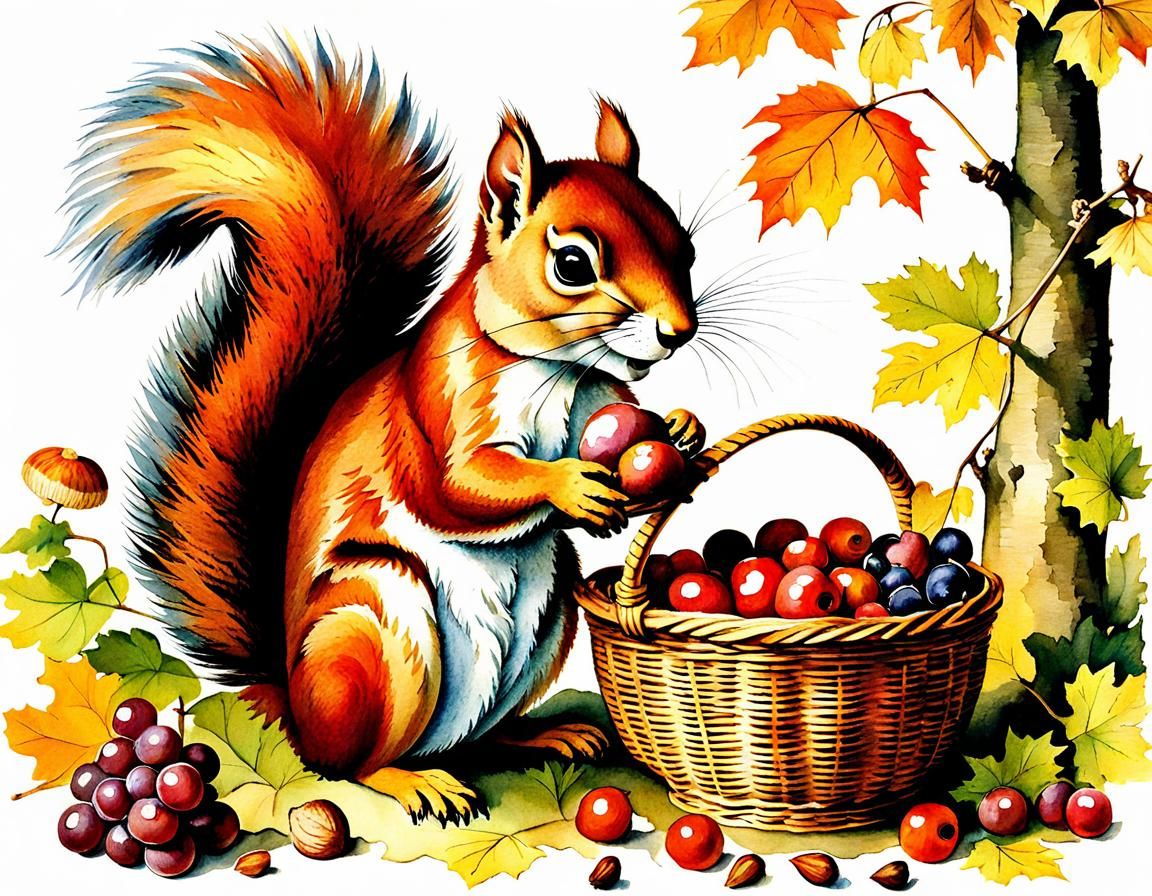 Anthropomorphic Squirrel with Basket in Autumn Forest