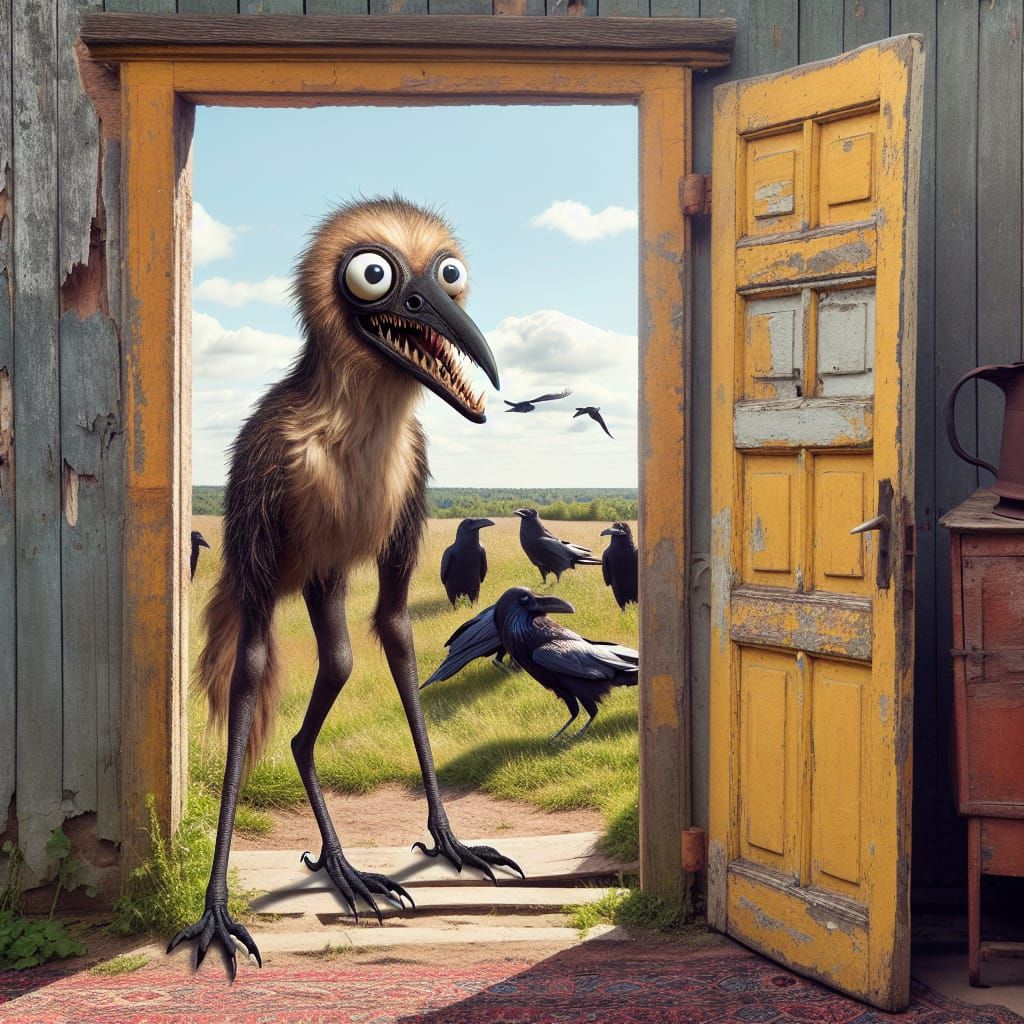 Dog-Bird Hybrid in Weather-Beaten Doorway