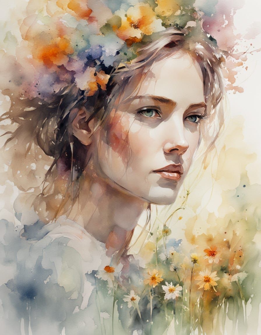 Dreamlike Watercolor Portrait of a Woman in a Sun-Drenched M...