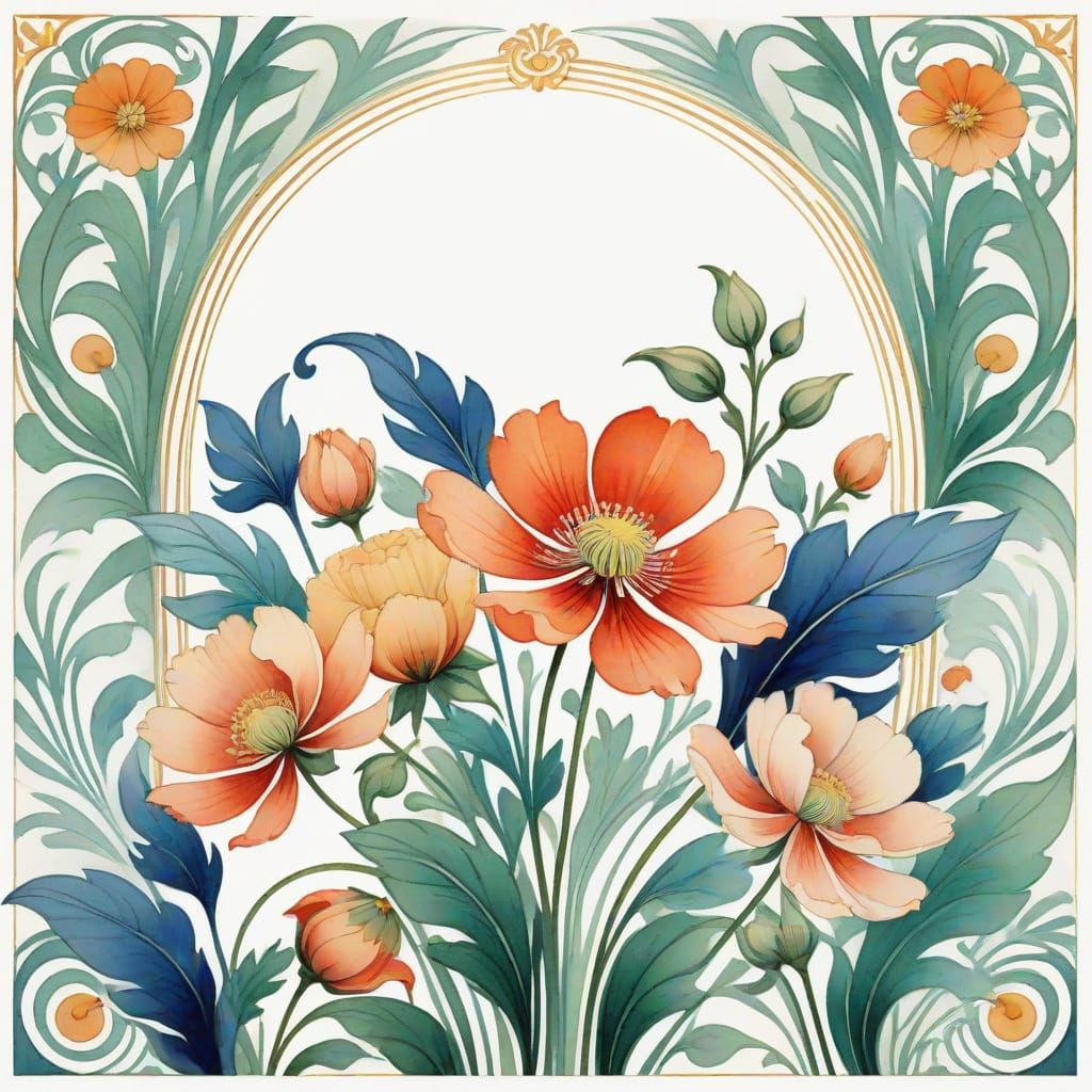 Art Deco Floral Card Illustration in Leon Bakst Style