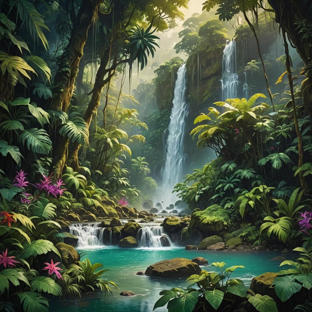 Lush Tropical Waterfalls in Digital Painting Style