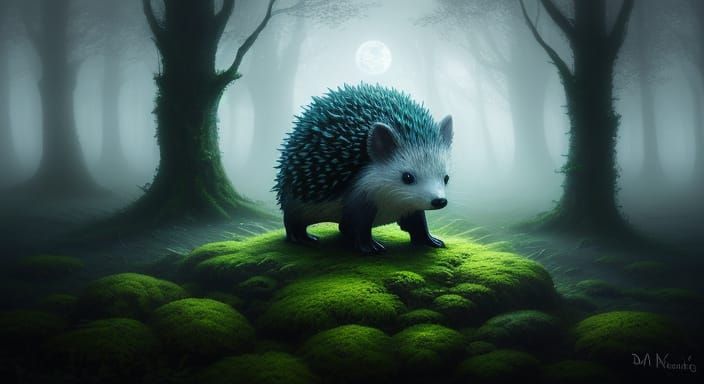 Mysterious Foggy Forest Hedgehog Ethereal Fantasy Art