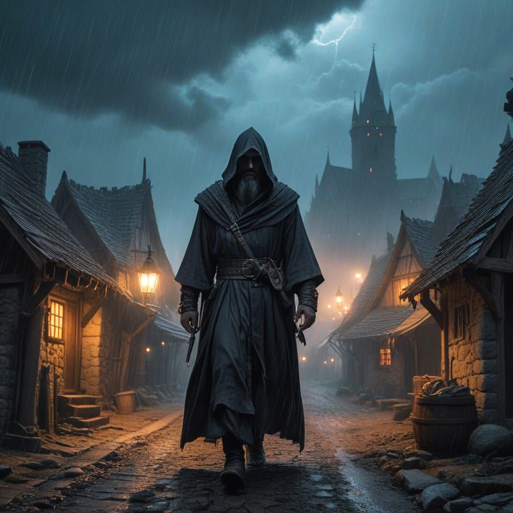 Sinister Dark Wizard in Stormy Medieval Village