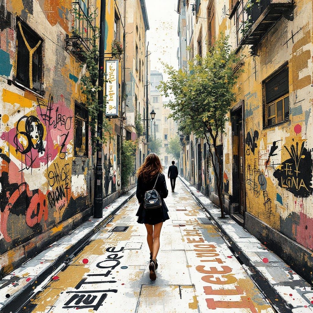 Woman in Street: Neo-Expressionist Mixed Media Art