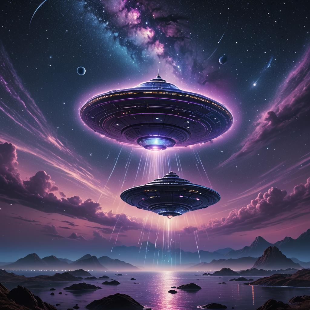 UFO Flying Saucer in Starry Night Sky
