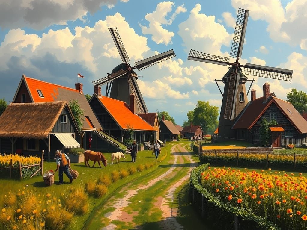 Dutch Village Scene in Multicolor Oil Painting