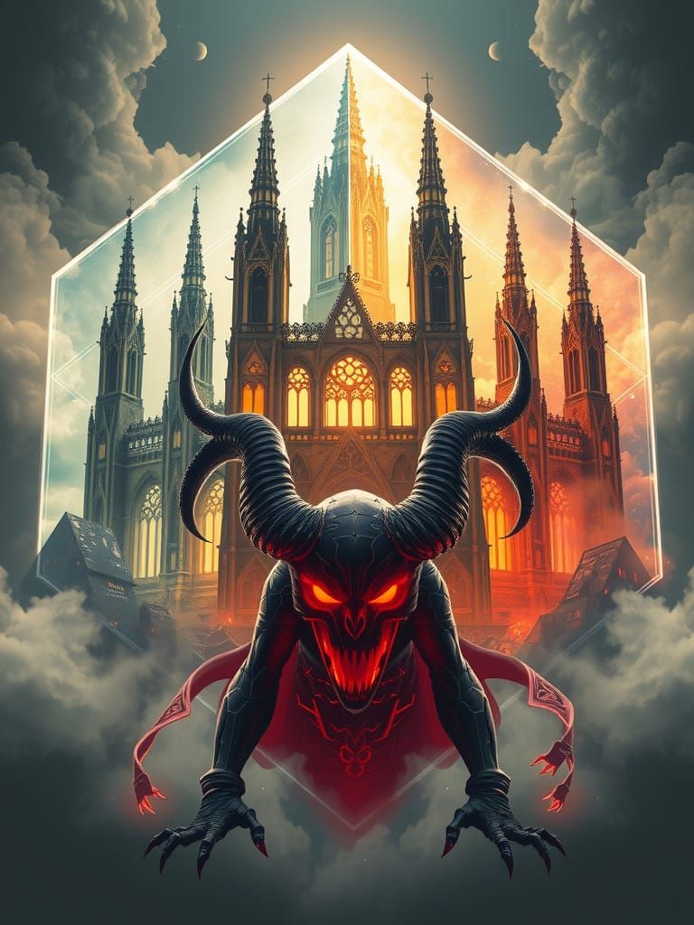 Surreal Cathedral in Tesseract with Satan Figure