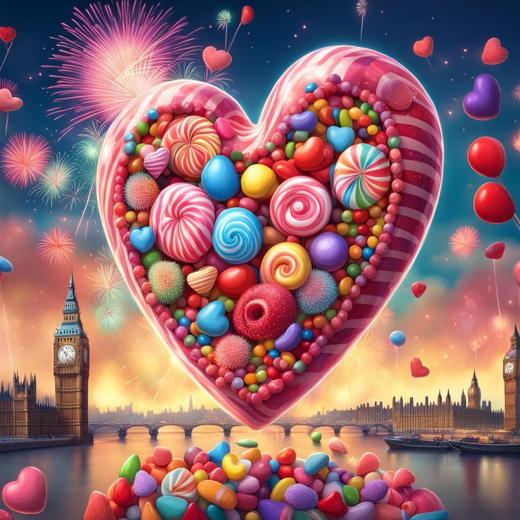 Heart Fireworks over London in Candy Art Style