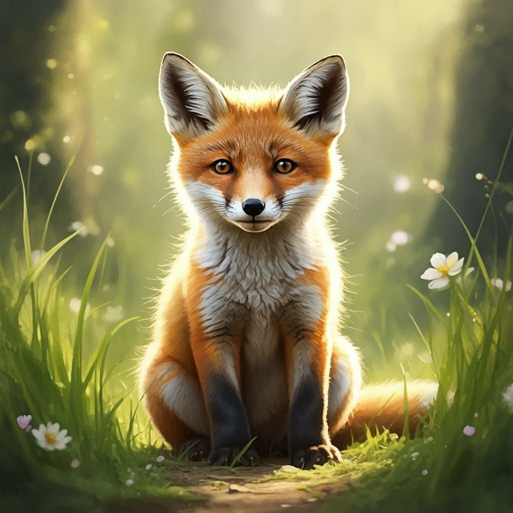 Whimsical Forest Watercolor of a Cute Baby Fox