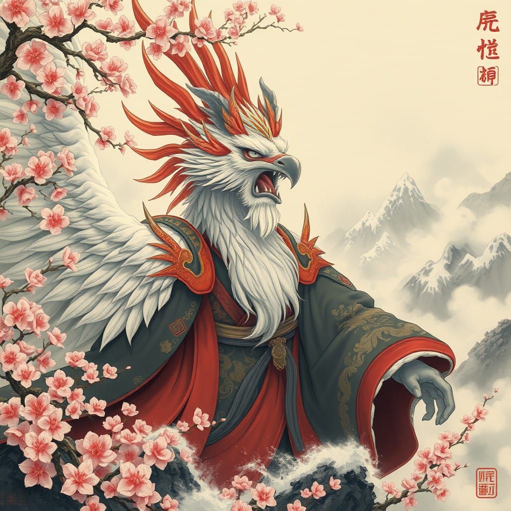 Majestic Crimson-Faced Bird Priest Amidst Whirlwind of Cherr...